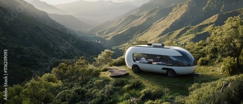 A futuristic caravan nestled in a verdant valley under the evening sun, symbolizing adventure, freedom, and the modern nomadic lifestyle. photo