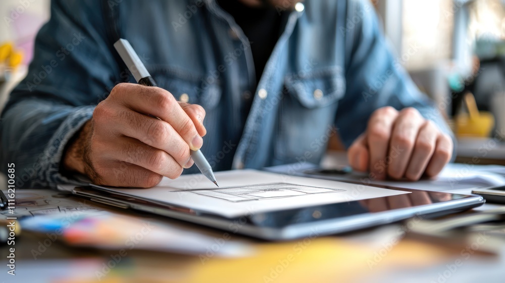 A creative professional seamlessly switching between sketching in a notebook and working on a digital tablet, illustrating versatility in their creative process
