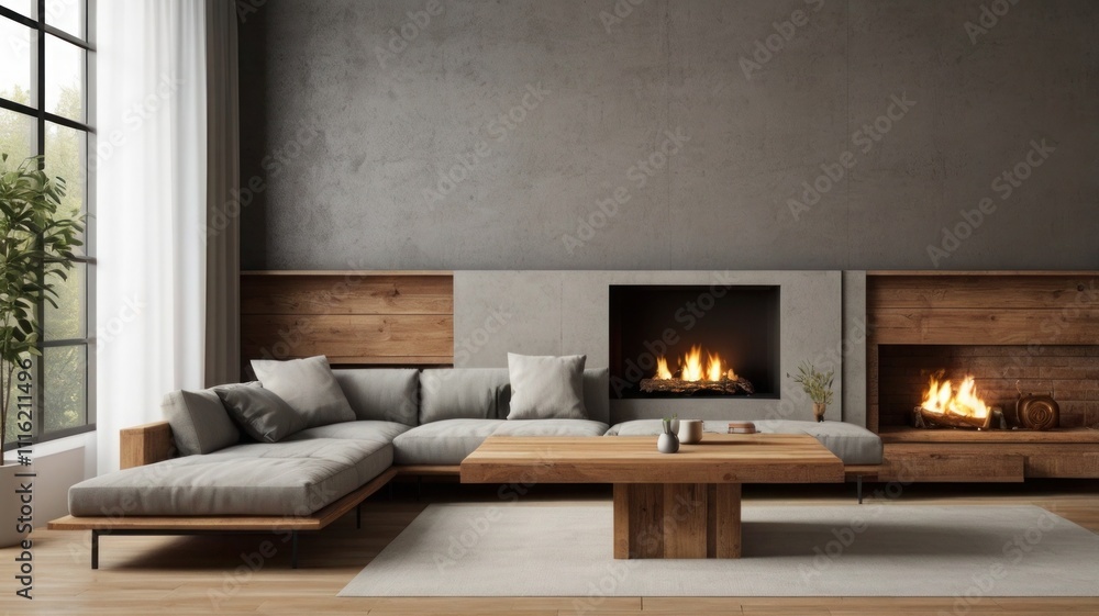 Fototapeta premium Urban Living Room Interior Featuring Glass and Concrete 