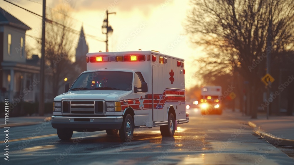 Obraz premium Ambulance rushes to accident scene urban street emergency response evening light side view calm environment