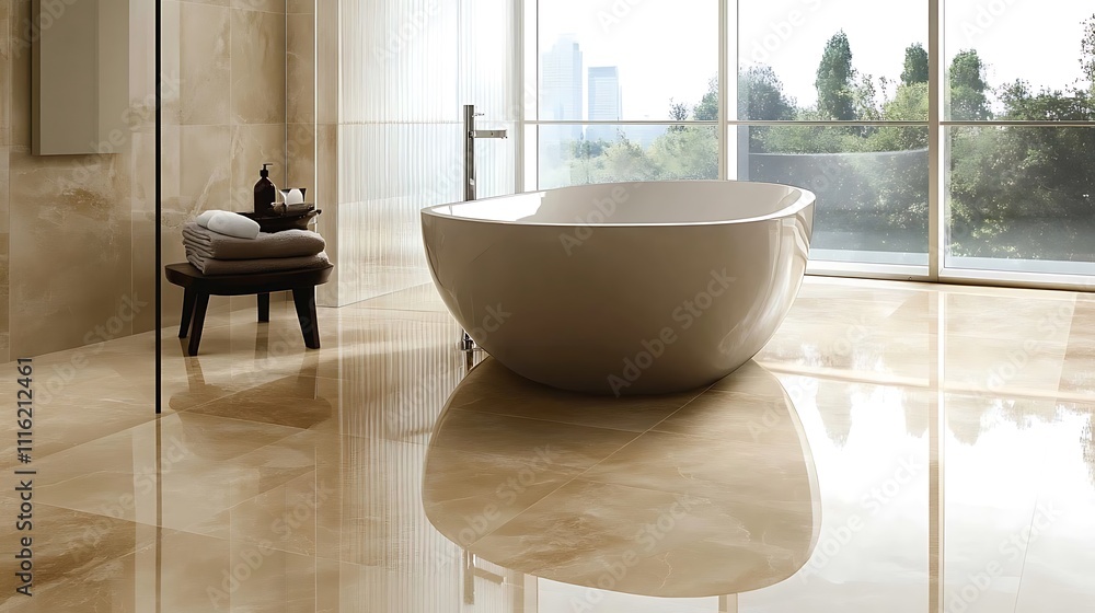 Fototapeta premium Modern Bathroom with Freestanding Tub and Marble Tiles