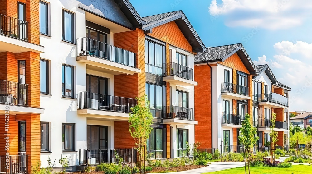 Contemporary design of stylish apartment complex closeup photography in urban setting under bright daylight Contemporary design of stylish apartment complex closeup photography in urban setting under bright daylight