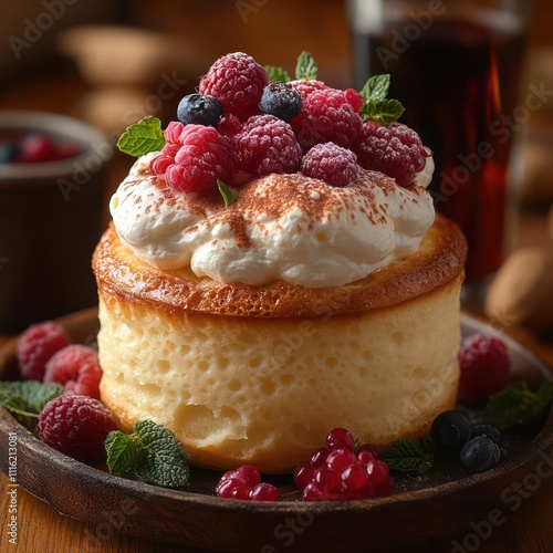 A mouth watering serving of a luxury grand marnier soufflé, light and airy topped with fresh berries photo