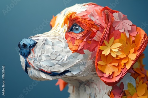 Colorful folded paper dog sculpture looking up hopefully on a turquoise background photo