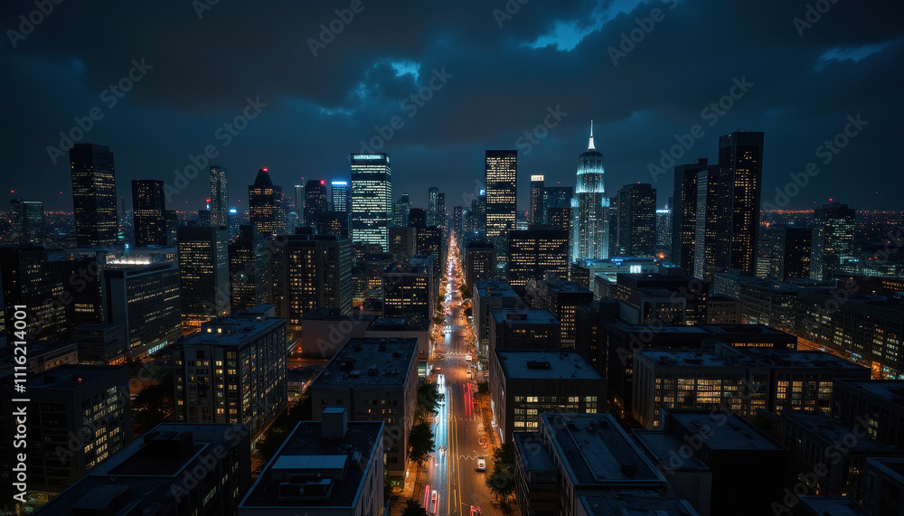 Obraz premium Aerial view of city skyline at dusk with illuminated streets and towering buildings