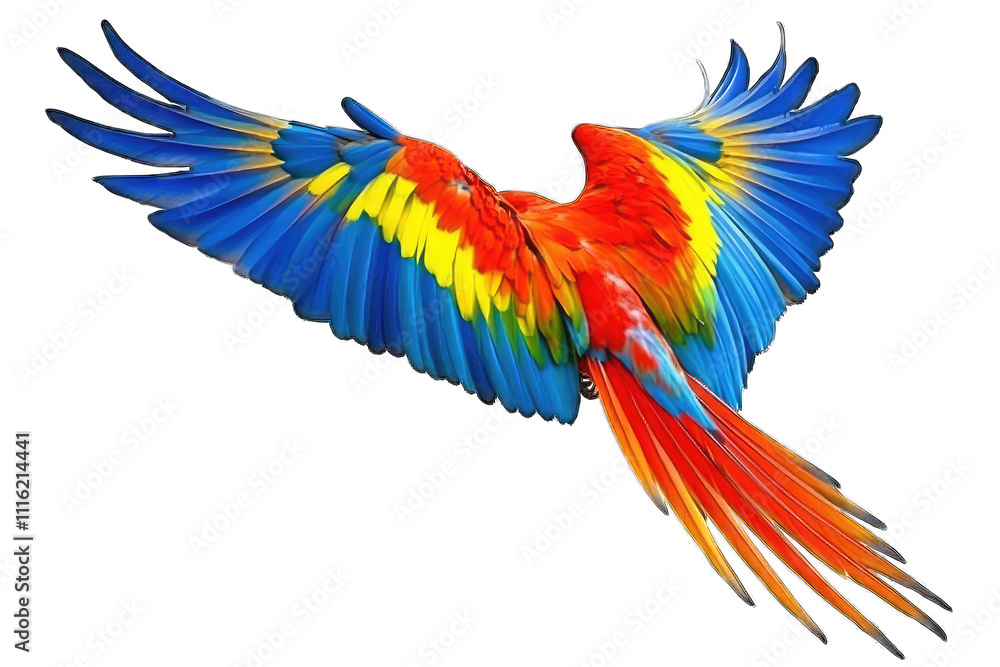 Obraz premium A vibrant parrot in mid-flight, showcasing its colorful feathers against a white background. transparent background