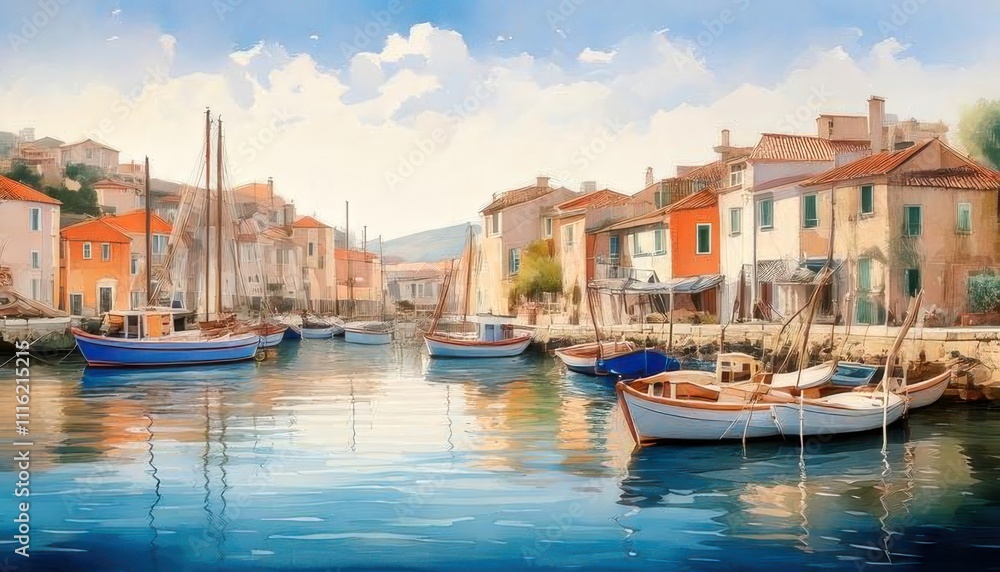 Fototapeta premium A picturesque Mediterranean village by the sea, showcasing vibrant houses, quaint fishing boats, serene waters, and a sunny summer sky.