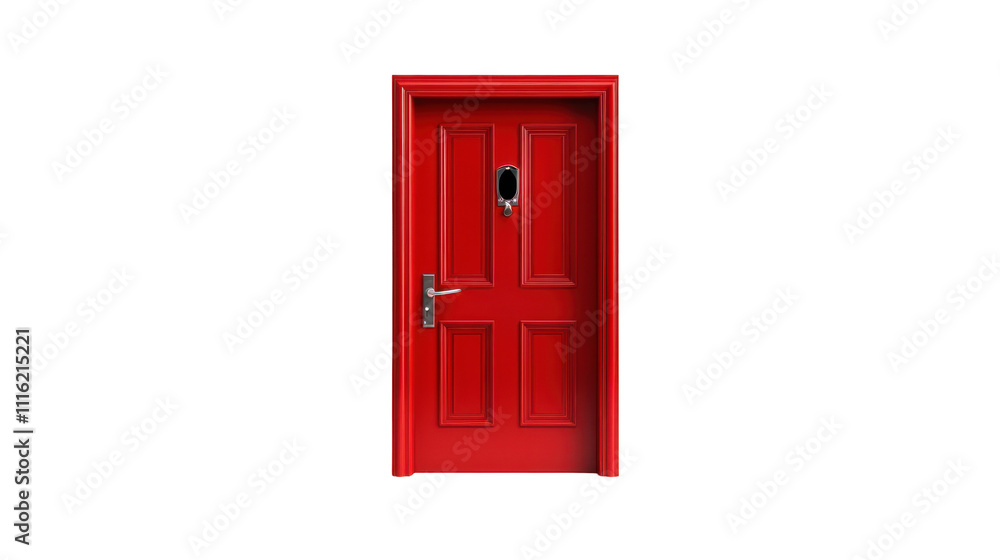 A vibrant red door with a simple design, featuring a handle and a peephole, symbolizing entry and home security. A vibrant red door with a simple design, featuring a handle and a peephole, symbolizing entry and home security.