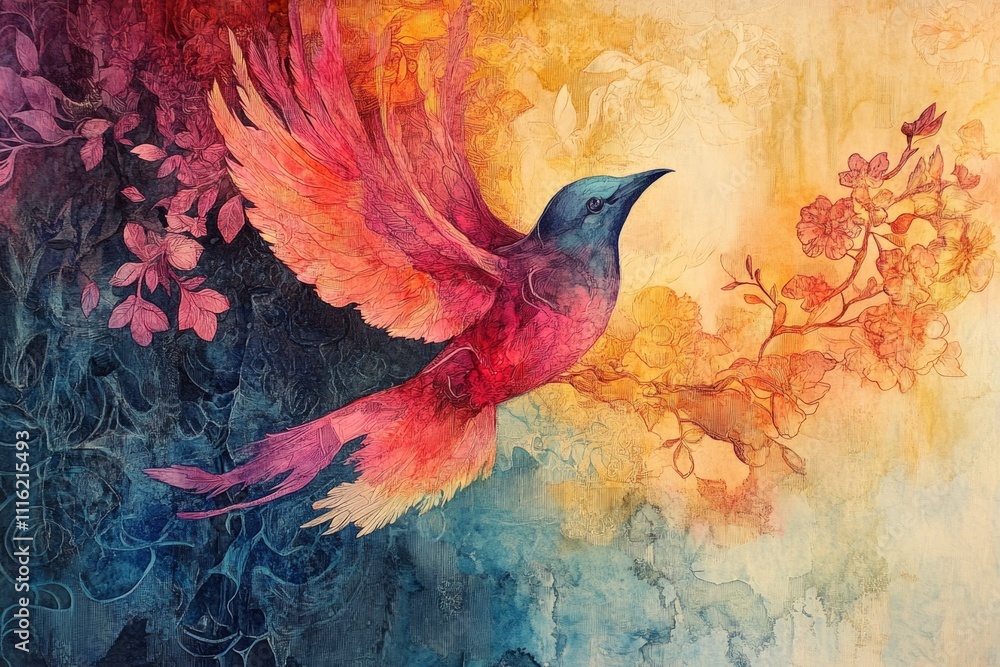 Obraz premium Artistic watercolor painting of a vibrant bird in flight, near a blooming sakura branch, creating a serene and colorful nature scene