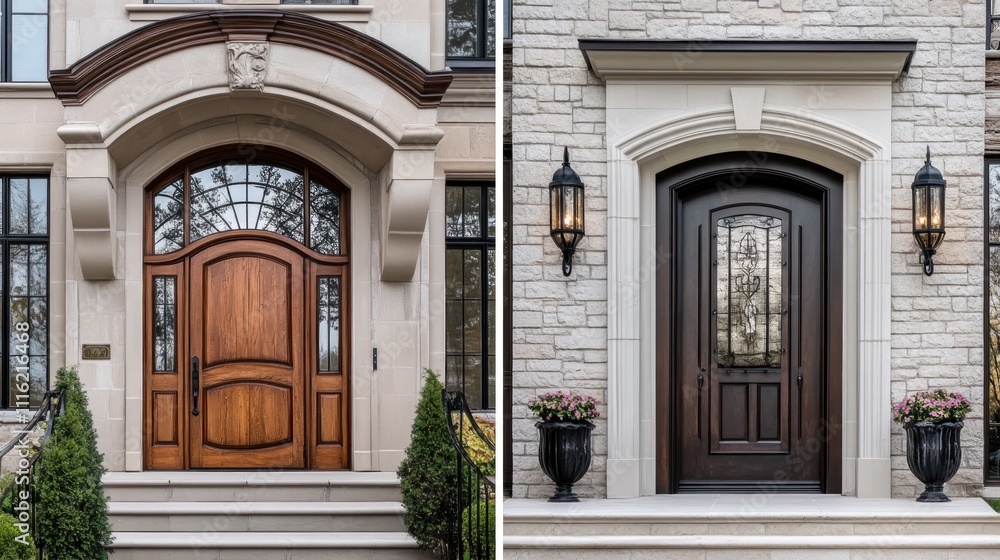 Two Elegant Arched Entryways with Wooden Doors Two Elegant Arched Entryways with Wooden Doors