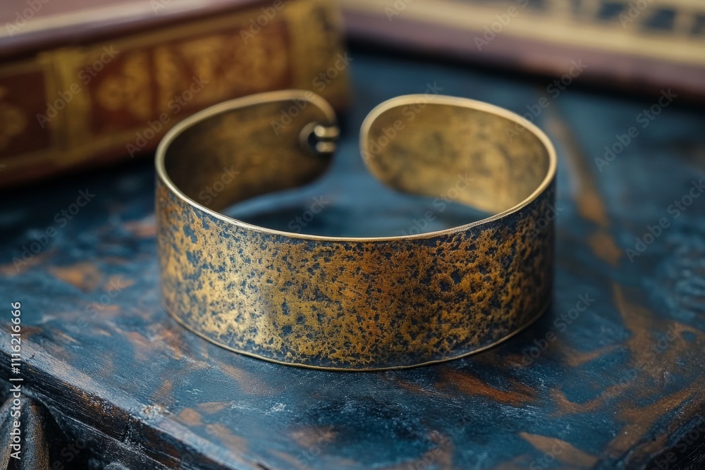 Close-up of a textured metal bracelet showcasing its intricate design and craftsmanship, placed on an antique wooden surface with old books in the background Close-up of a textured metal bracelet showcasing its intricate design and craftsmanship, placed on an antique wooden surface with old books in the background