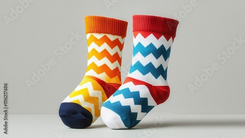 Colorful zigzag patterned socks displayed on a minimalistic background. photo