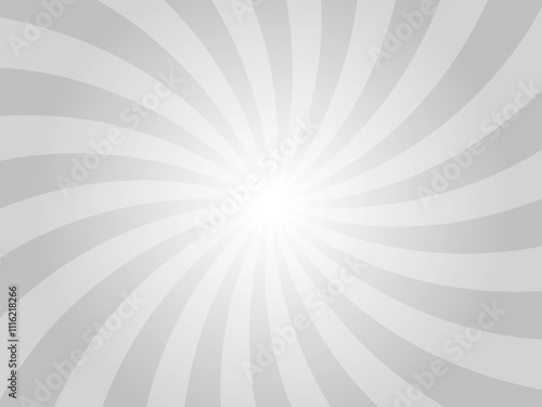 Gray background with white swirl sun ray. Pattern of starburst of spiral radial sunburst. Abstract texture with light of sunburst. Radial beam of sunlight. Retro background with flash. 