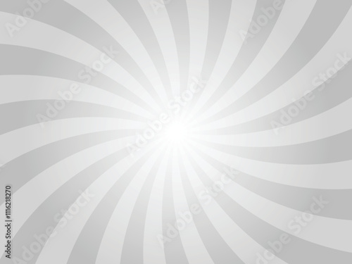 Gray background with white swirl sun ray. Pattern of starburst of spiral radial sunburst. Abstract texture with light of sunburst. Radial beam of sunlight. Retro background with flash. 