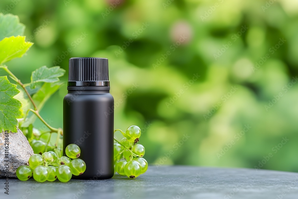 Black currant oil in a black matte bottle on a mossy rock blur background Black currant oil in a black matte bottle on a mossy rock blur background