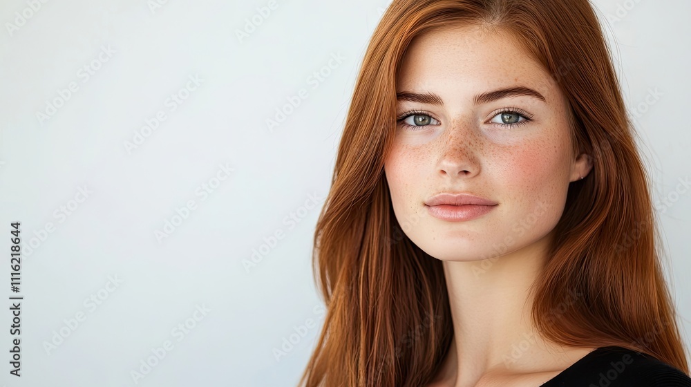 Fototapeta premium Attractive young woman with a striking appearance, captured in a clean shot against a white background, provides ample copy space in this image of an attractive young woman.