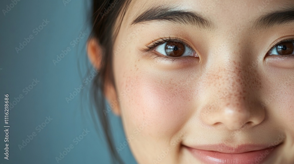 Obraz premium Close-up of a young Asian woman smiling, highlighting her beautiful skin and expressive eye. This image captures the details of her eye, emphasizing beauty and radiance with ample copy space.