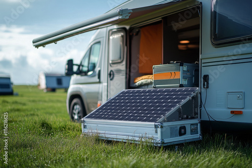 Portable solar panel powering a camper van, promoting sustainable tourism and off-grid living photo