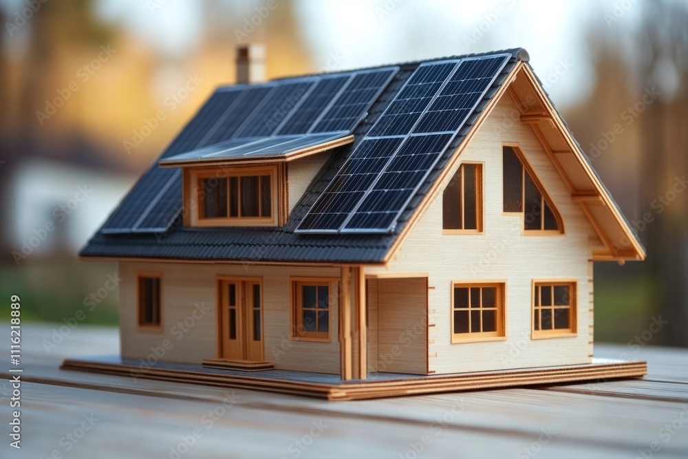 Miniature wooden house with solar panels installed on the roof is representing ecological and sustainable housing Miniature wooden house with solar panels installed on the roof is representing ecological and sustainable housing