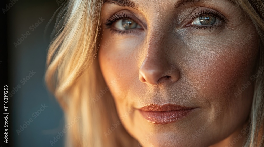 Fototapeta premium Close-up portrait of a beautiful mature woman, highlighting her features and captivating gaze. The image captures the essence of a beautiful mature individual with ample copy space.