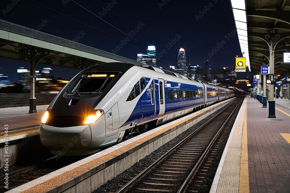 Fototapeta premium High-Speed Train at Railroad Station with Blurred Cityscape at Night