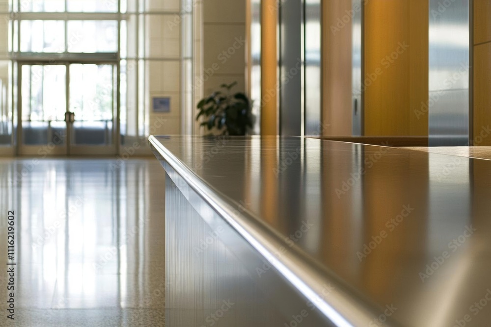 Obraz premium A sleek lobby area featuring metallic surfaces and natural lighting.