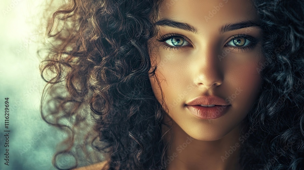 Naklejka premium Portrait of a beautiful young woman with curly hair, capturing her graceful features and vibrant personality. This image highlights the beauty of curly hair with ample copy space.