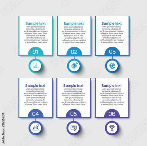 Infographic design business template with 6 options, steps. Can be used for workflow layout, diagram, annual report, web design	