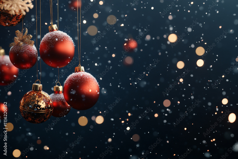 Festive red Christmas ornaments hang against dark background, surrounded by soft, glowing bokeh lights and falling snowflakes, creating warm holiday atmosphere Festive red Christmas ornaments hang against dark background, surrounded by soft, glowing bokeh lights and falling snowflakes, creating warm holiday atmosphere