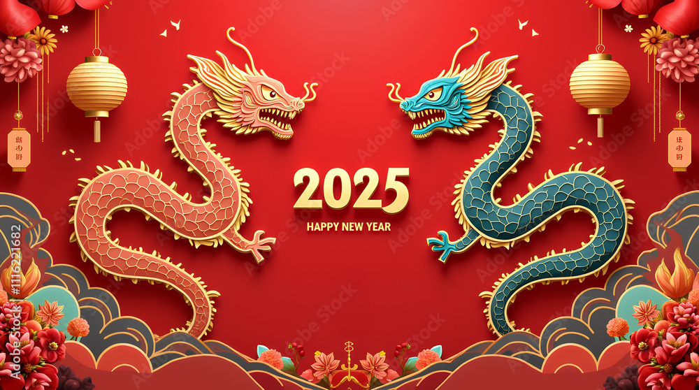 Fototapeta premium 2025 New Year's Greetings Card: Header for banner or website, greeting card or poster. Handwritten 2025 Logo Text Design