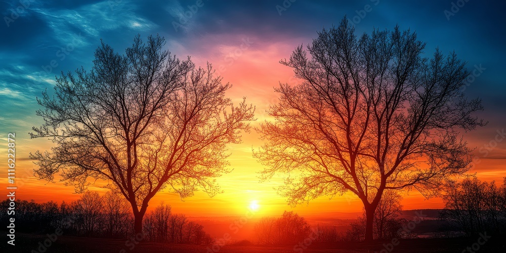 Naklejka premium Stunning sunrise illuminating the sky, featuring striking tree silhouettes. This beautiful sunrise captures the essence of nature s beauty with enchanting tree silhouettes at dawn.