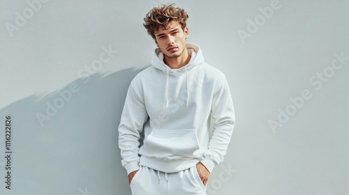 A young man showcases a stylish modern athleisure outfit in a relaxed pose against a minimalist backdrop. The scene captures a sense of casual confidence and contemporary fashion