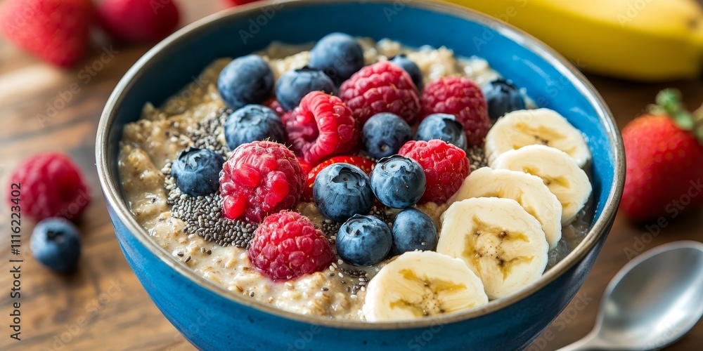 Nutritious homemade oatmeal blended with bananas, blueberries, raspberries, strawberries, and chia seeds creates a healthy oatmeal option, perfect for a wholesome start to your day. Nutritious homemade oatmeal blended with bananas, blueberries, raspberries, strawberries, and chia seeds creates a healthy oatmeal option, perfect for a wholesome start to your day.