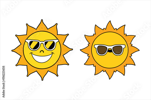 Cheerful Sun with Sunglasses Outline Vector Design Bundle