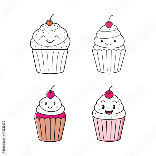 Cheerful Cupcake with Sprinkles and Cherry Outline Vector Design Bundle