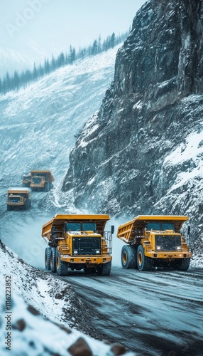 Yellow mining trucks transporting rock at an open pit quarry on a snowy day amidst winter conditions photo