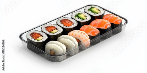 Sushi set displayed in a package against a white isolated background, showcasing an attractive sushi set that s perfect for sushi lovers seeking quality and freshness. photo