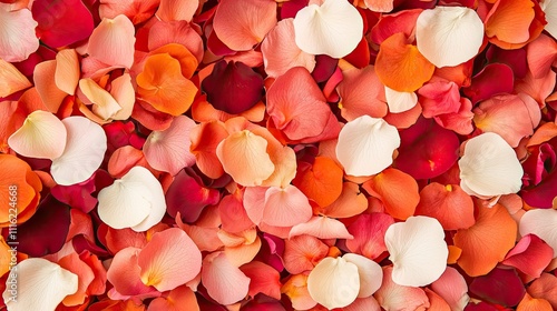 Fototapeta Naklejka Na Ścianę i Meble -  A vibrant array of colorful rose petals scattered across a surface, showcasing shades of red, pink, orange, and white for a romantic or decorative effect.