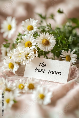 bouquet of flowers and the inscription mom you are the best. Selective focus