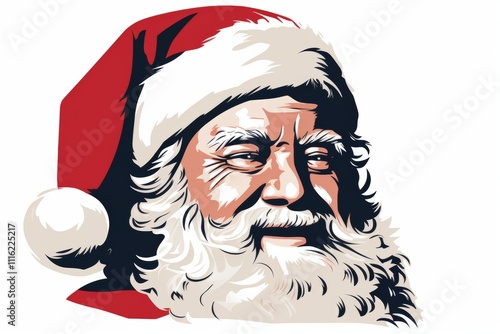 Minimalistic santa claus design featuring head with white beard and red hat on neutral background