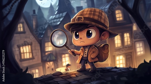 A cute detective cartoon character holding a magnifying glass