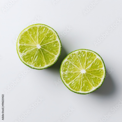 A fresh green lime sliced in half, placed on a white background