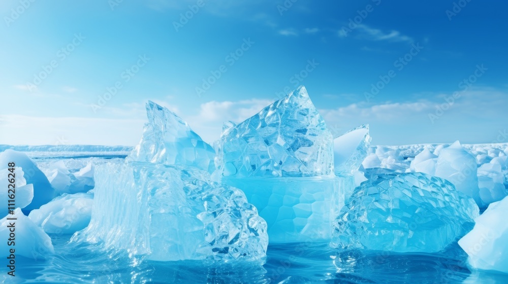 Obraz premium Majestic iceberg silhouette in light blue and white against a deep blue ocean backdrop