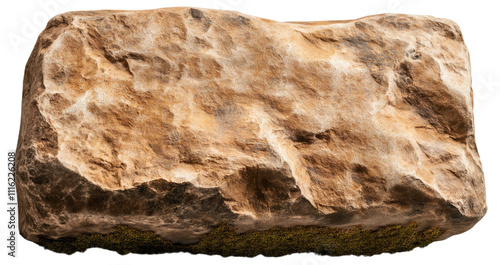 Large brown rock with textured surface and moss at the bottom