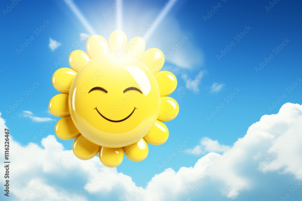 Bright and cheerful sun surrounded by soft cream clouds evoking joy and warmth in the sky Bright and cheerful sun surrounded by soft cream clouds evoking joy and warmth in the sky