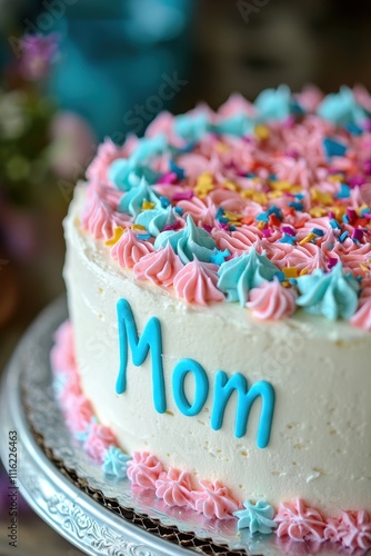 close-up of a cake with the inscription mom. Selective focus