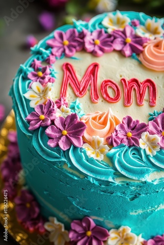 close-up of a cake with the inscription mom. Selective focus