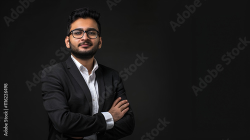 A Desi male businessman stands against a black background copy space