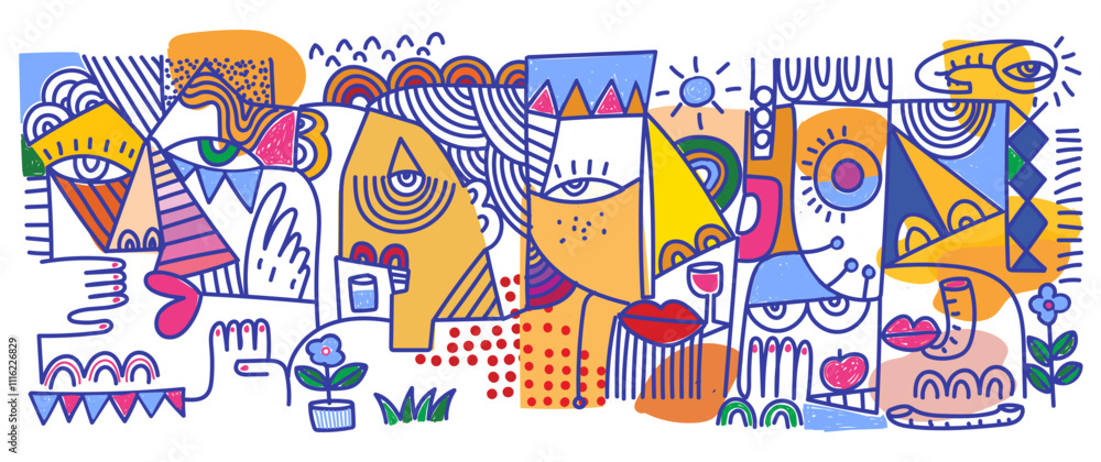 Fototapeta premium Group of abstract face portrait doodle, geometric line art hand drawn vector illustration. Artistic design for wall art, prints, poster, cover and decoration.