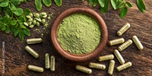 Close up view of capsules containing Moringa powder displayed on a wooden background, showcasing the unique attributes of Moringa powder in a natural setting. photo